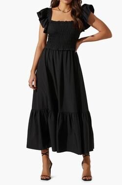 ASTR The Label Black Smocked Flutter Midi Dress Open Back Size XS